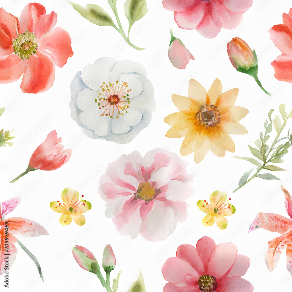 seamless floral pattern with hand-drawn flowers_ isolated on white_ illustration