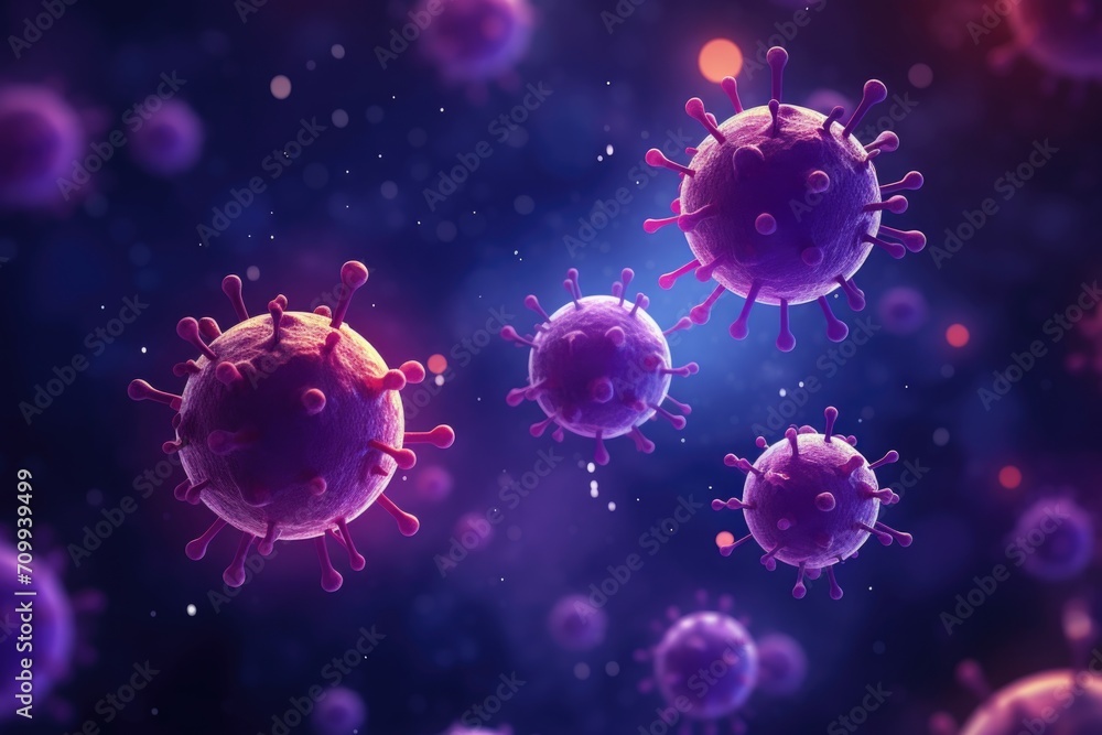 Dark purple background with virus cells, 3D illustration. - obrazy, fototapety, plakaty 