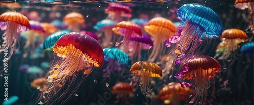 a captivating up-close view of various vibrant jellyfish drifting in a spectrum of colors, their translucent bodies shining beneath the water © LIFE LINE