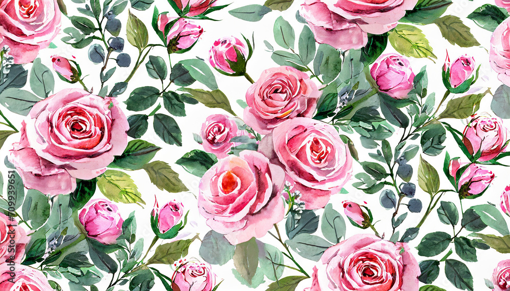 seamless floral pattern with pink roses and leaves_ watercolor drawing