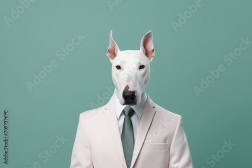 animal pet dog concept Anthromophic friendly bull terrier dog wearing suite formal business suit pretending to work in coporate workplace studio shot on plain color wall