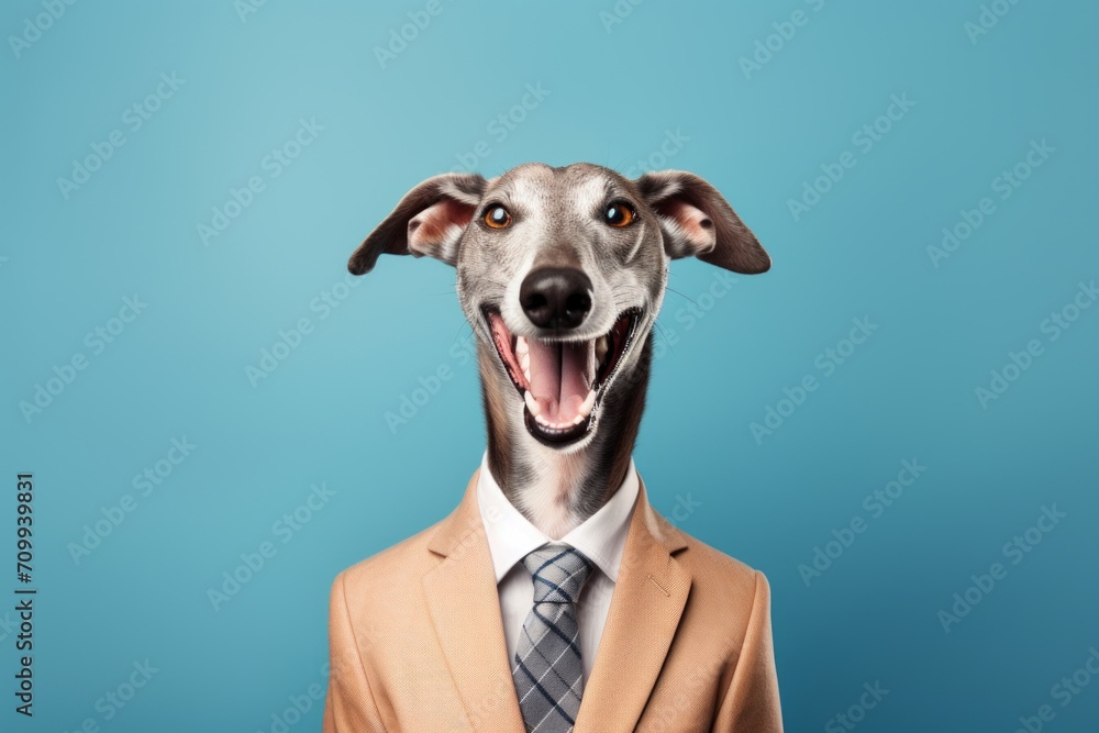 animal pet dog concept Anthromophic friendly Greyhound dog wearing suite formal business suit pretending to work in coporate workplace studio shot on plain color wall animal pet dog concept Anthromophic friendly Greyhound dog wearing suite formal business suit pretending to work in coporate workplace studio shot on plain color wall