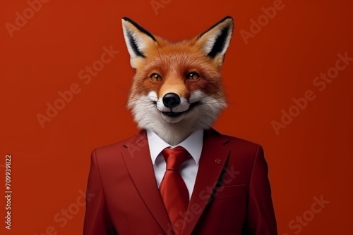 animal pet dog concept Anthromophic friendly red fox boss dog wearing suite formal business suit pretending to work in coporate workplace studio shot on plain color wall