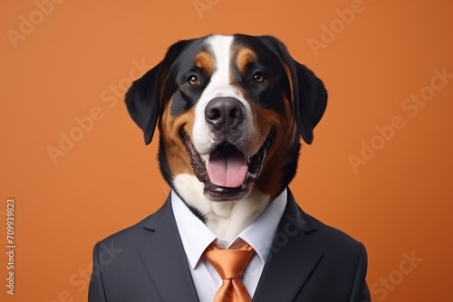 animal pet dog concept Anthromophic friendly Greater Swiss mountain dog wearing suite formal business suit pretending to work in coporate workplace studio shot on plain color wall photo