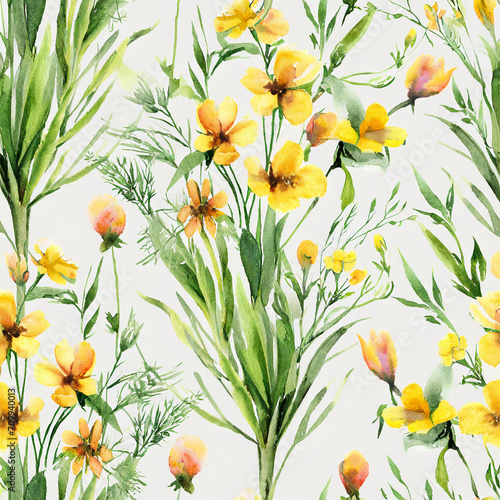 seamless floral pattern with yellow wildflowers and green grass, watercolor