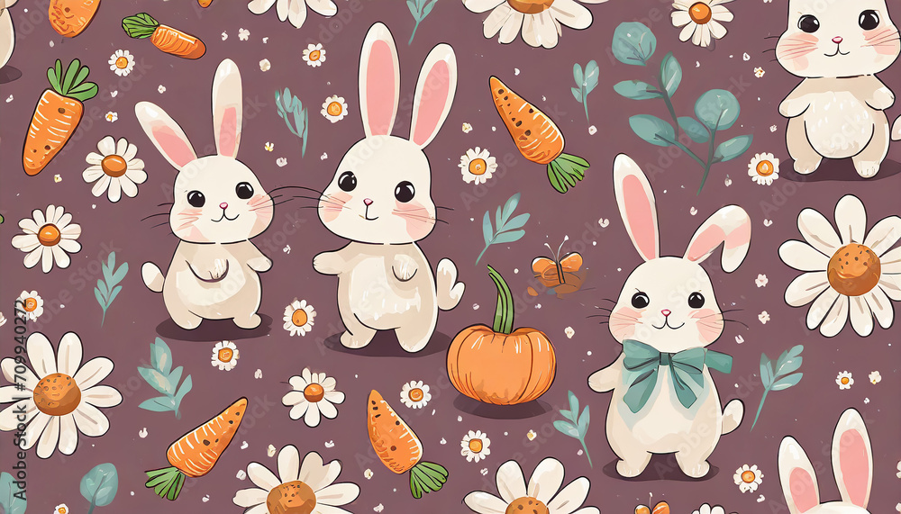 Seamless pattern with bunny rabbit cartoons, daisy flower, foot print, butterfly and carrot on pink background vector.