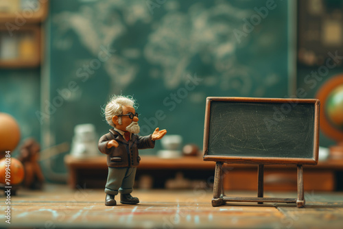 Miniature ceramic toy of a senior professor lecturing beside empty blackboard in the classroom photo
