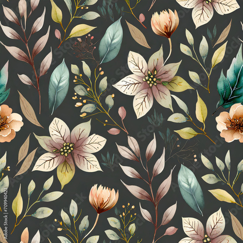 seamless pattern with flowers and leaves on a dark background