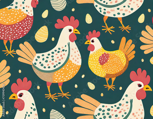 Seamless pattern with chicken. Hand drawn vector illustration. Farm animal print. Spring summer hen pattern for paper, textile design. Block print effect