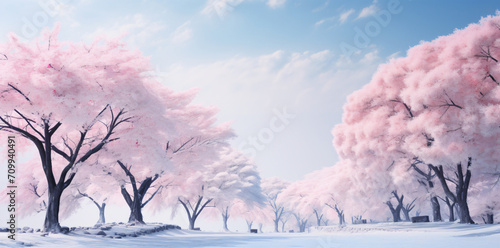 A view of the cherry blossom trees in pink, in the style of pastel color palette, snow scenes, light sky-blue and indigo, natural phenomena, photo-realistic, japanese minimalism, 3840x2160

