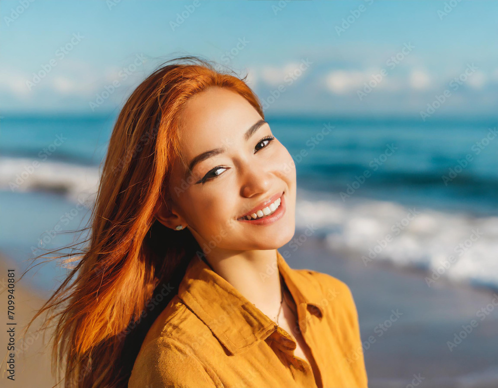 Sensual beauty young attractive smiling woman relaxing on beach. Summer vacation portrait. Romance and dating with asian caucasian multiracial girl, enjoying love and life