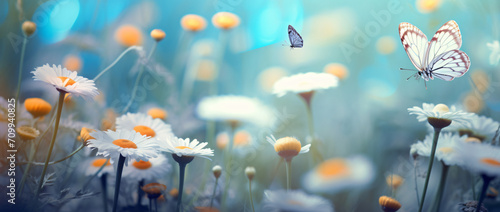 Blooming wild flower field and butterflies, in the style of light indigo and orange, nostalgic mood, photorealistic details, white and azure, photo taken with provia, lovely, cottagecore

