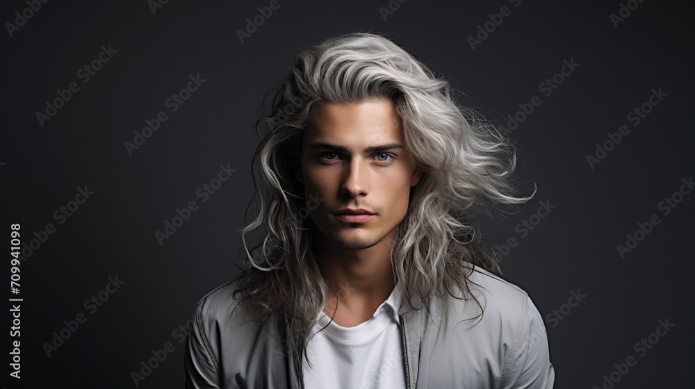 White hair young man intense stare portrait image