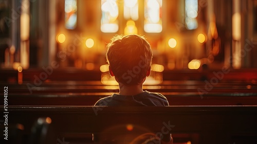 Little boy praying in church  back view. Christian religion concept. AI generative