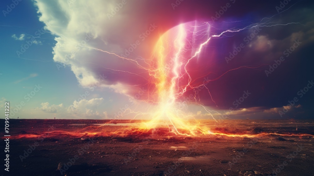 Beautiful Colorful Lightning Strikes in dramatic sky view. AI generated image