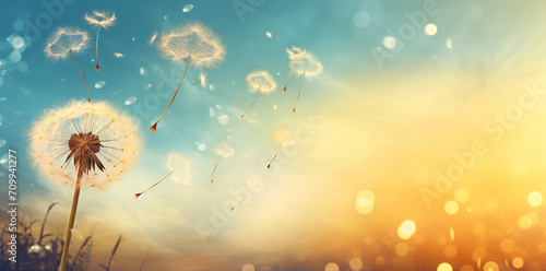 Sunlight on the dandelion in the sky, in the style of pastel dreamscapes, flowing silhouettes, photorealistic detail, close-up, photo-realistic landscapes, whimsical scapes