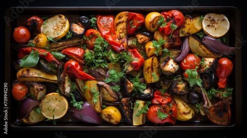 a tray of roasted Mediterranean vegetables, their vibrant colors and aromatic herbs creating a feast for the eyes against a clean and inviting white canvas.