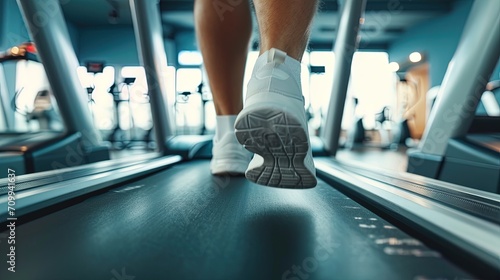 Close up of male legs running on a treadmill in a modern gym, ai generative