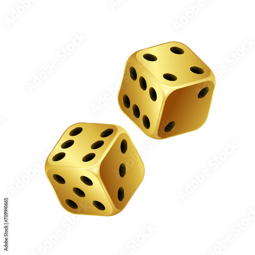 Golden 3D dice isolated on white background. Vector stock illustration.