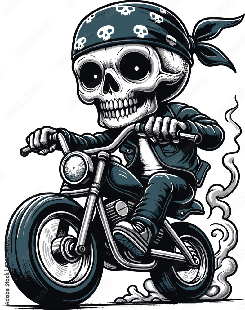 Skull riding motorcycle angry drawing in chibi style