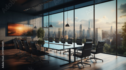 Skyscrapers panoramic windows conference table background image