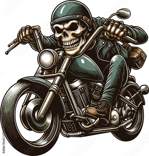Skull riding motorcycle angry drawing in chibi style