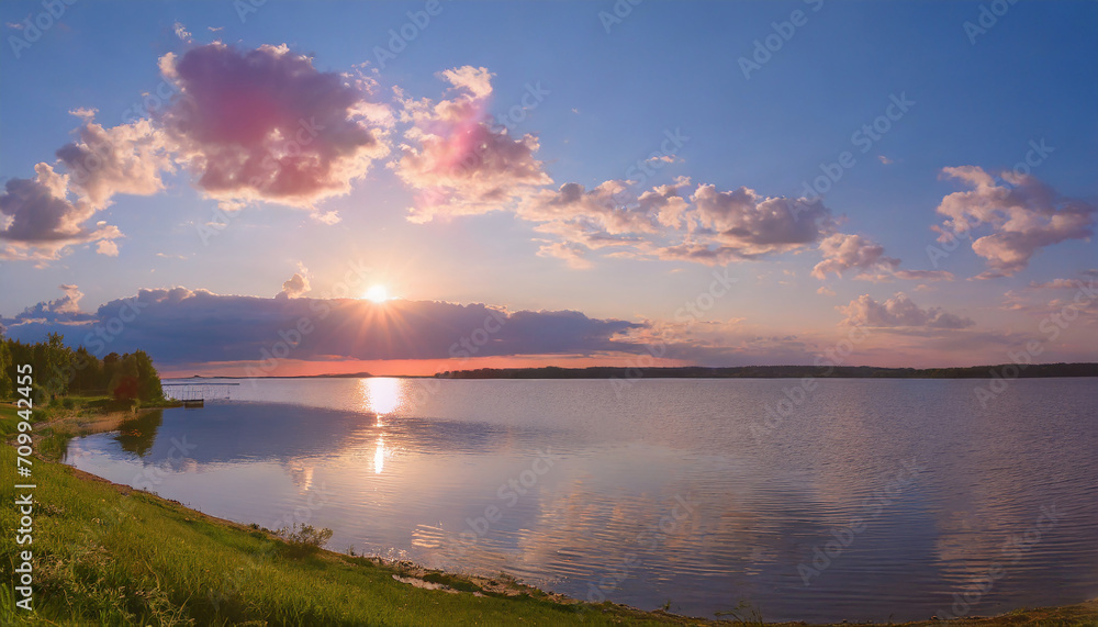 Sunset sky panorama with bright glowing pink Cumulus clouds. sun over the lake summer