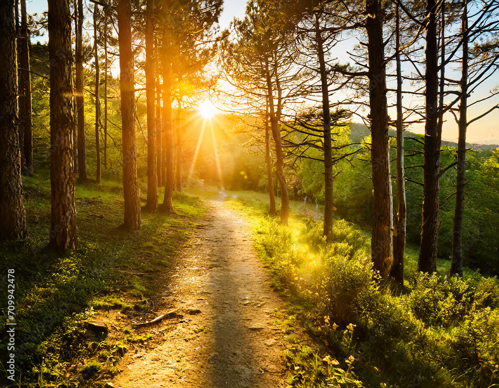 Sunset In The Forest; trees and path with evening light