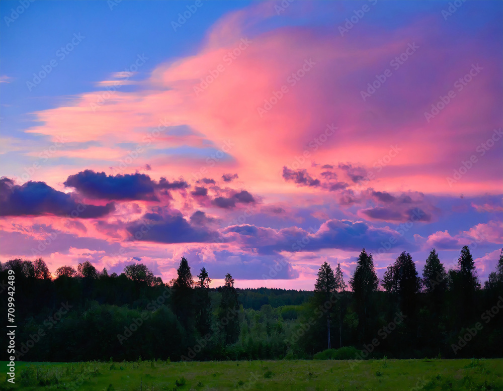 Sunset sky panorama with bright glowing pink Cumulus clouds. sun glitters and silhouettes forest