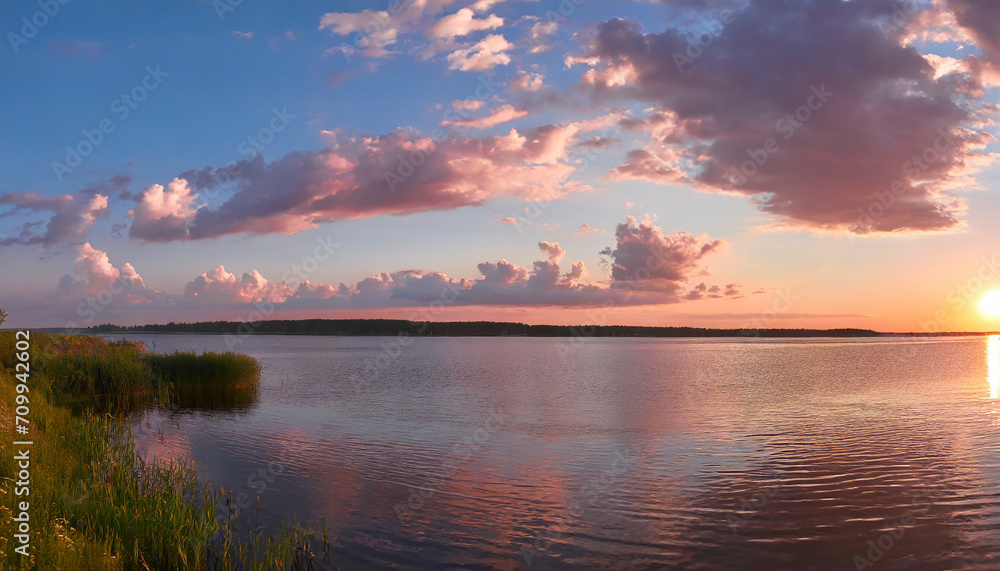 Sunset sky panorama with bright glowing pink Cumulus clouds. sun over the lake summer