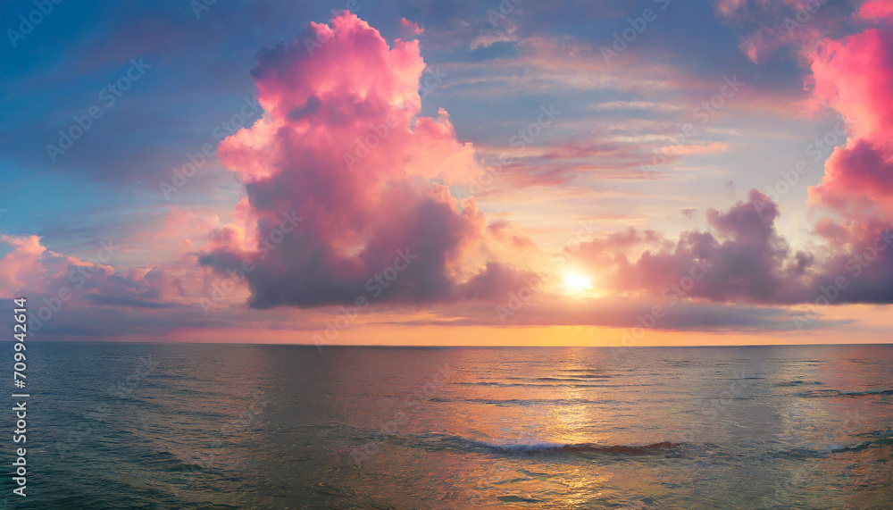 Sunset sky panorama with bright glowing pink Cumulus clouds. sun setting over the ocean