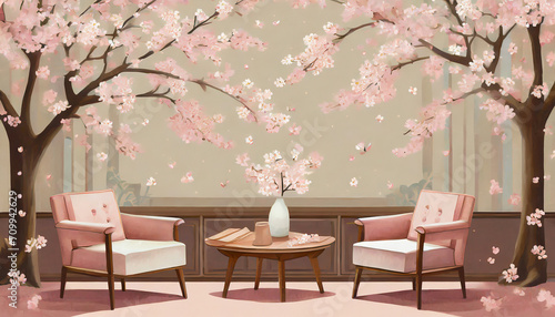 Sweet cherry blossom pattern oasis. Delicate cherry blossom prints, soft pinks. Vintage-inspired furniture, whimsical decor. A charming and feminine space with the sweetness of cherry blossoms. © yahan balch