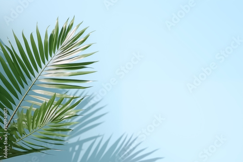 Blurred shadow from palm leaves on the light blue wall. Minimal abstract background for product presentation. Spring and summer