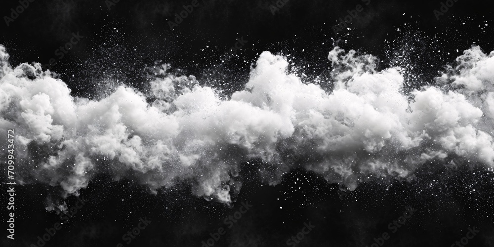 A broad, horizontal layout featuring a white powder snow cloud burst against a dark backdrop. - obrazy, fototapety, plakaty 