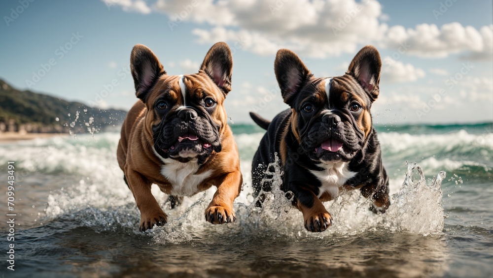 a Two fluffy French Bulldog joyfully playing in the crystal clear ocean waves serene lake with majestic mountains and lush trees in the background