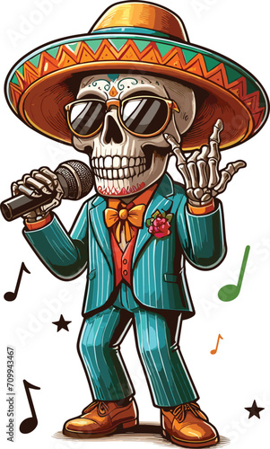 Skull sing mexico theme drawing in a warrior outfit, fighter pose, chibi style