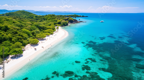 An aerial glimpse of a luxuriant tropical beach with azure waters, ivory sands, and vivid coral reefs.