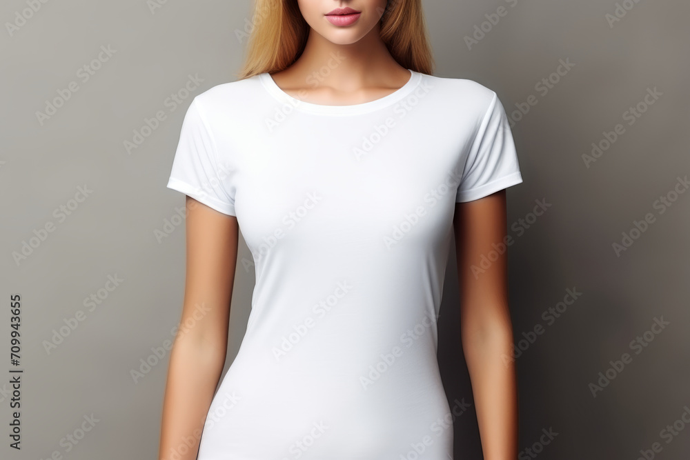 Plain white t-shirt mockup design on young girl, faceless photo. Foreground. Summer women's clothing template for design, advertising. Plain white t-shirt mockup design on young girl, faceless photo. Foreground. Summer women's clothing template for design, advertising.