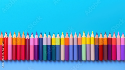 Multicolored drawing pencils crayon on the blue background. AI generated image