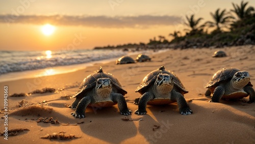 As the sun goes down, a group of freshly born juvenile turtles make their way into the sea.