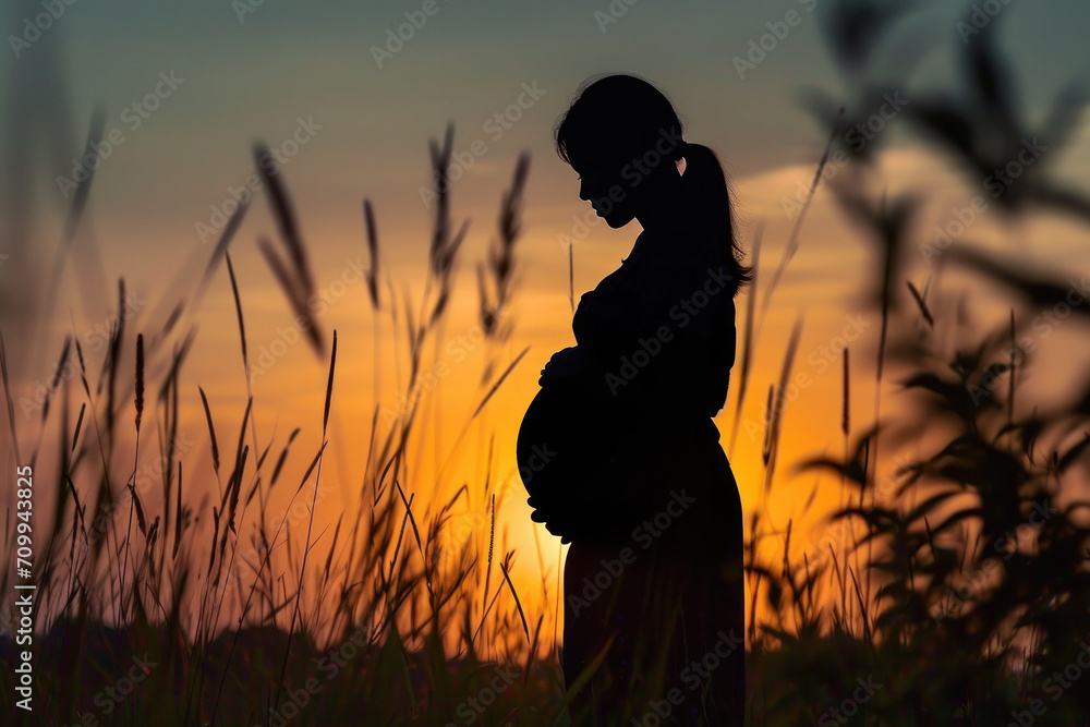 Pregnant woman at the sunset, Motherhood banner Pregnant woman at the sunset, Motherhood banner