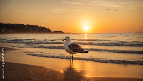 A lone seagull soars across the sky as the sun sets over the peaceful beach, its wings capturing the last of the light.