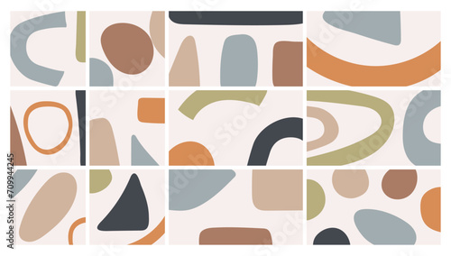 Set of minimalist abstract backgrounds with simple naive hand drawn shapes. Decorative flat vector illustrations for web, social networks, print and branding.