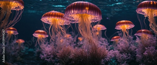 A dark and enigmatic underwater panoramic vista is illuminated by purple luminous jellyfish. 