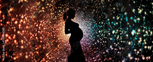 Banner with pregnant woman holding her hands on big belly ,A flickering magical light around the woman. Pregnancy, maternity, preparation,reproductology, expectation, copyspace for text, empty space 