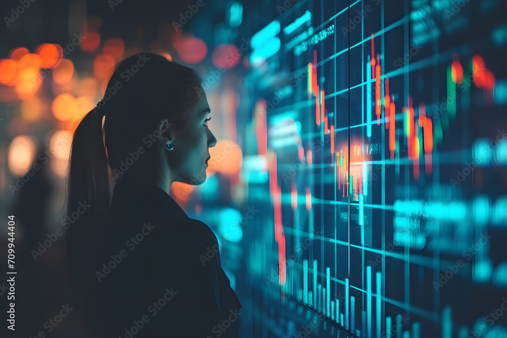 business woman looking at data, trading chart displaying statistics - obrazy, fototapety, plakaty 