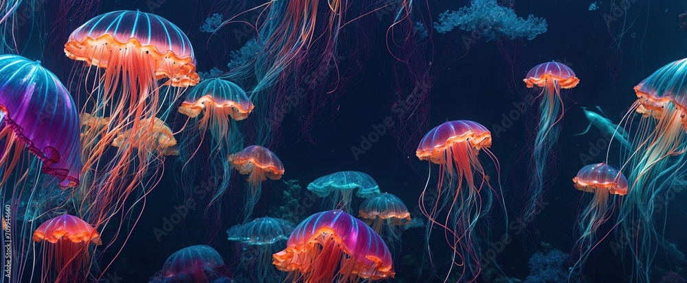 A dark and enigmatic underwater panoramic vista is illuminated by a bioluminescent purple jellyfish. A dark and enigmatic underwater panoramic vista is illuminated by a bioluminescent purple jellyfish.