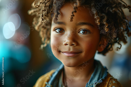 Portrait of a little boy with freckles on his face. Happy boy with freckles on face. Closeup portrait of redhaired little kid with freckles on dark background photo