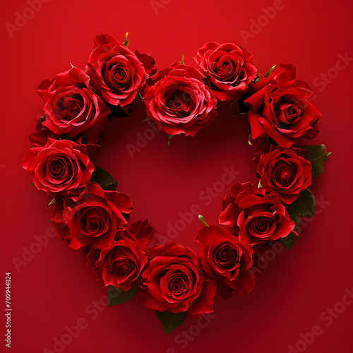 heart of roses, red flowers arranged in heart shape on red background, valentine, bouquet, romantic gift © Moritz