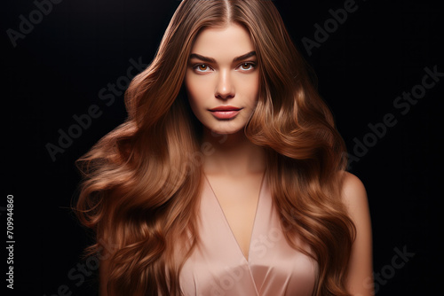 Woman with long shiny and healthy hair, hair treatment concept 